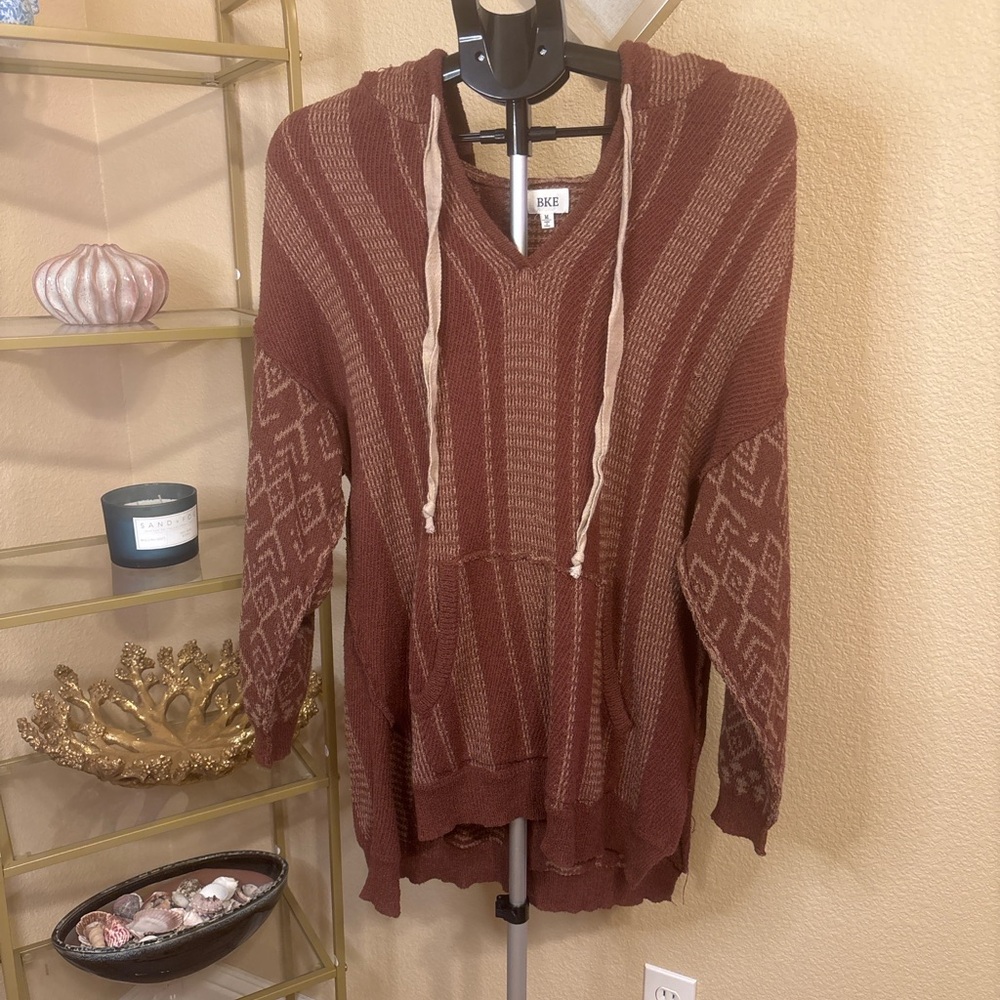 BKE Rust Hooded Knit Sweater Hoodie Southwestern Tribal Pattern Size M‎